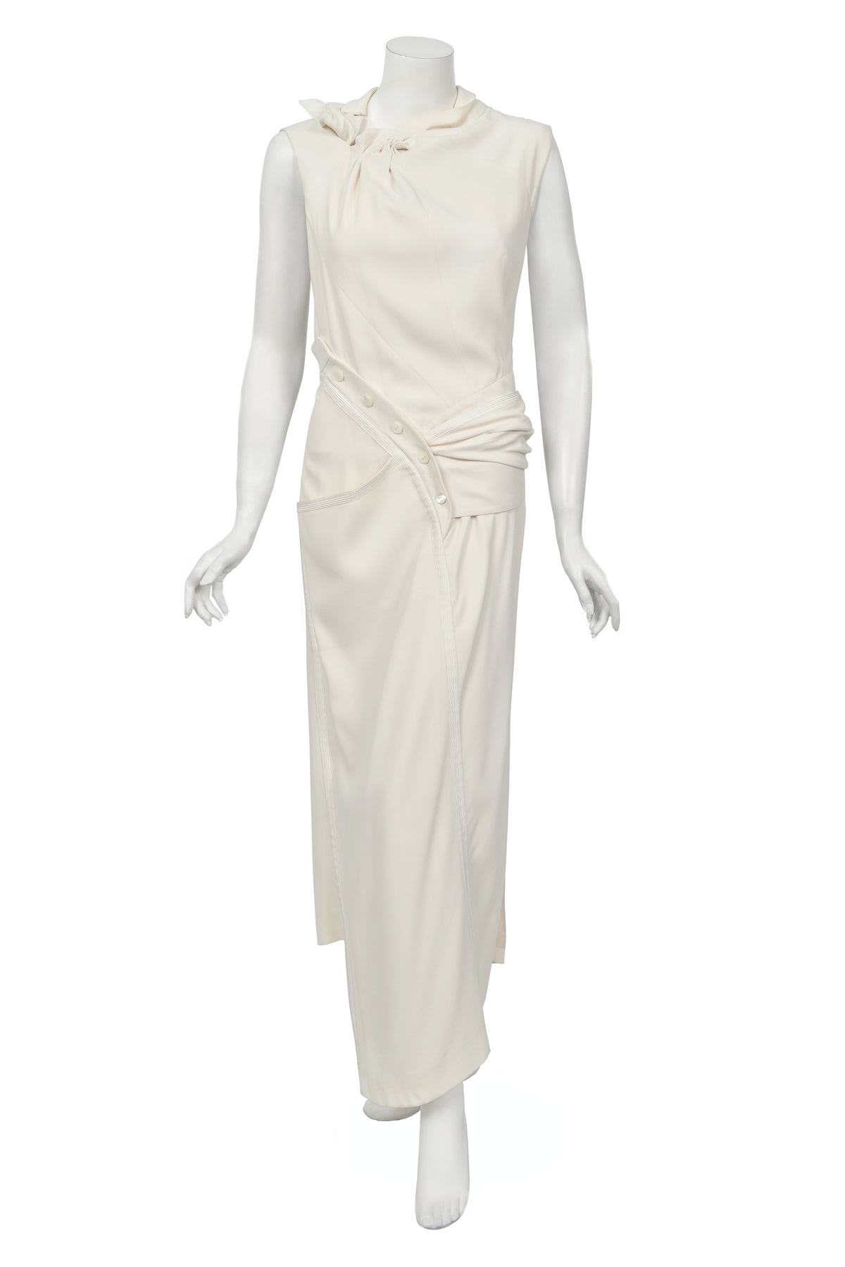 2000 Christian Dior by John Galliano Ivory Crepe Cut-Out Asymmetric Draped Dress