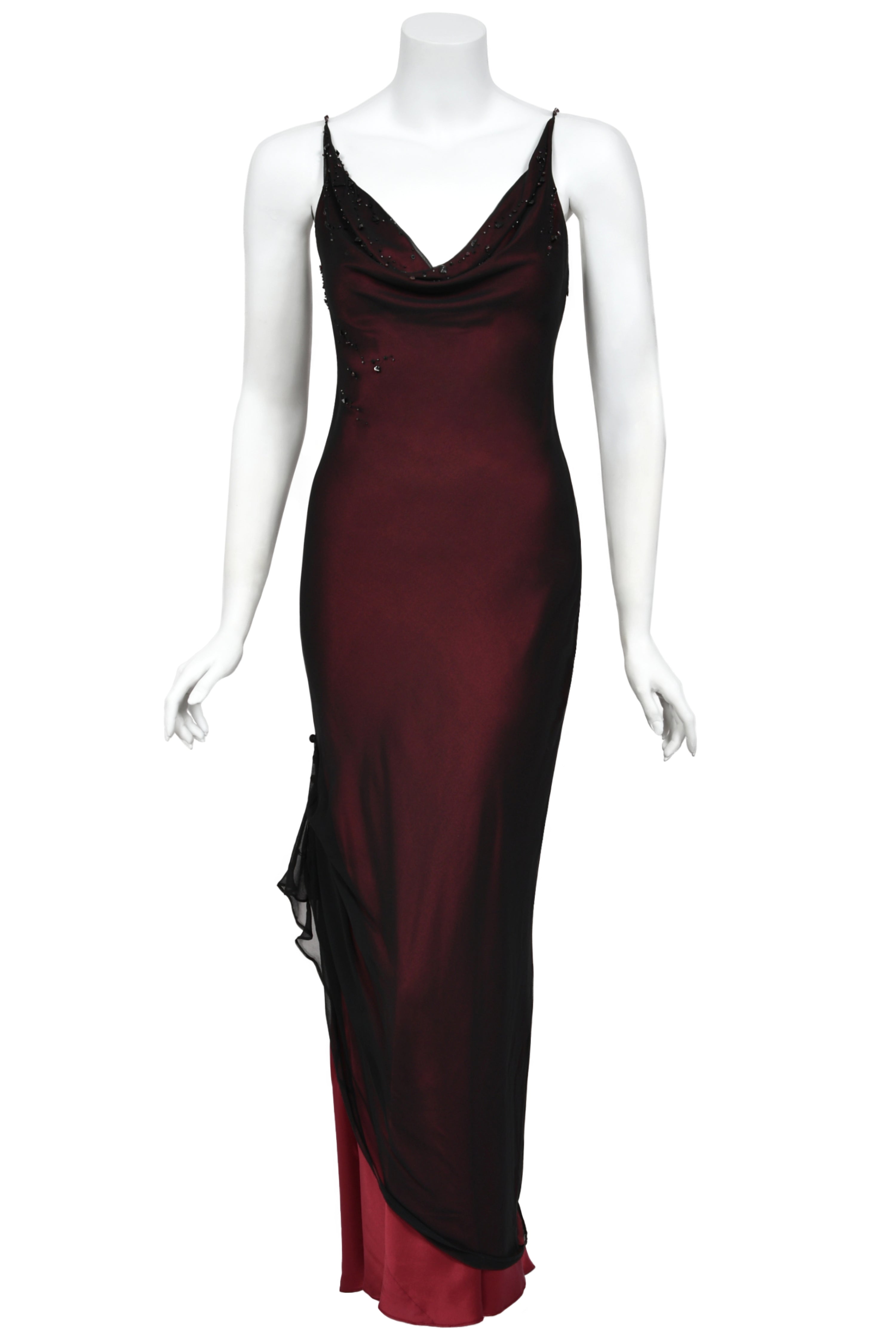 2000 John Galliano Beaded Sheer Black Silk Chiffon & Red Satin Gown