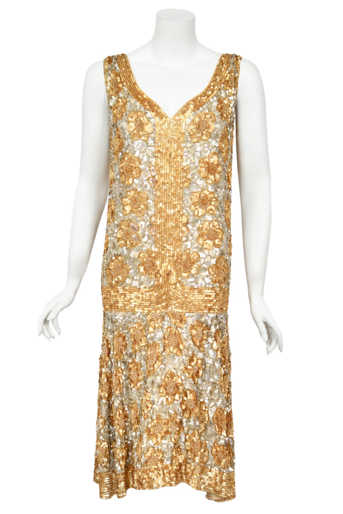 1920&#39;s French Couture Metallic Gold Beaded Sequin Cotton-Net Flapper Dress