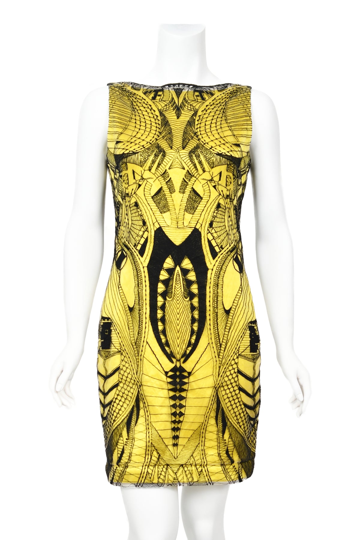 2010 Alexander McQueen Lifetime Insect Tattoo Embroidered Net-Lace Yellow Mini Dress