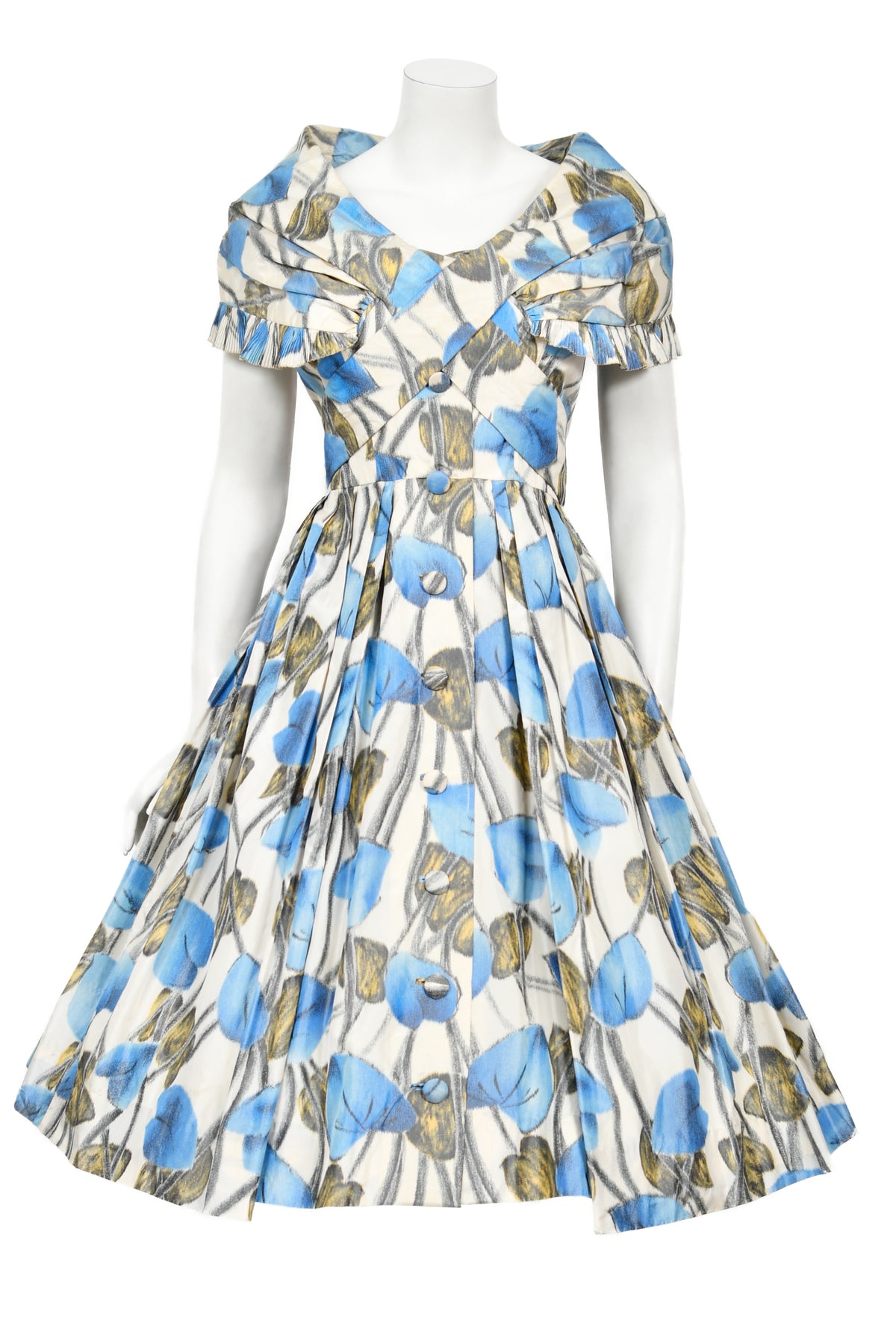 1956 Christian Dior Couture Blue Floral Silk Portrait Collar New Look Dress
