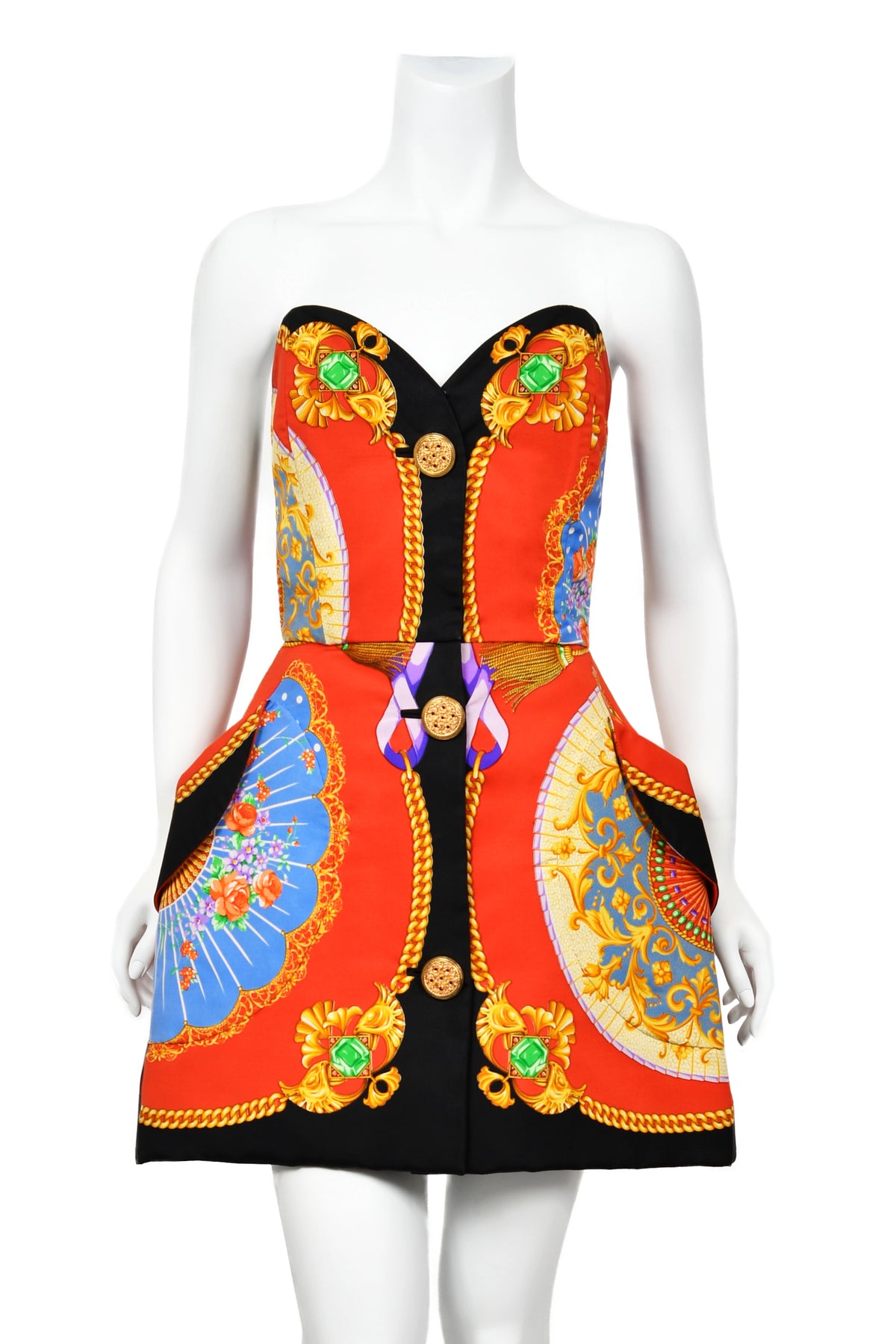 1991 Gianni Versace Documented Runway Baroque Print Silk Strapless Mini Dress