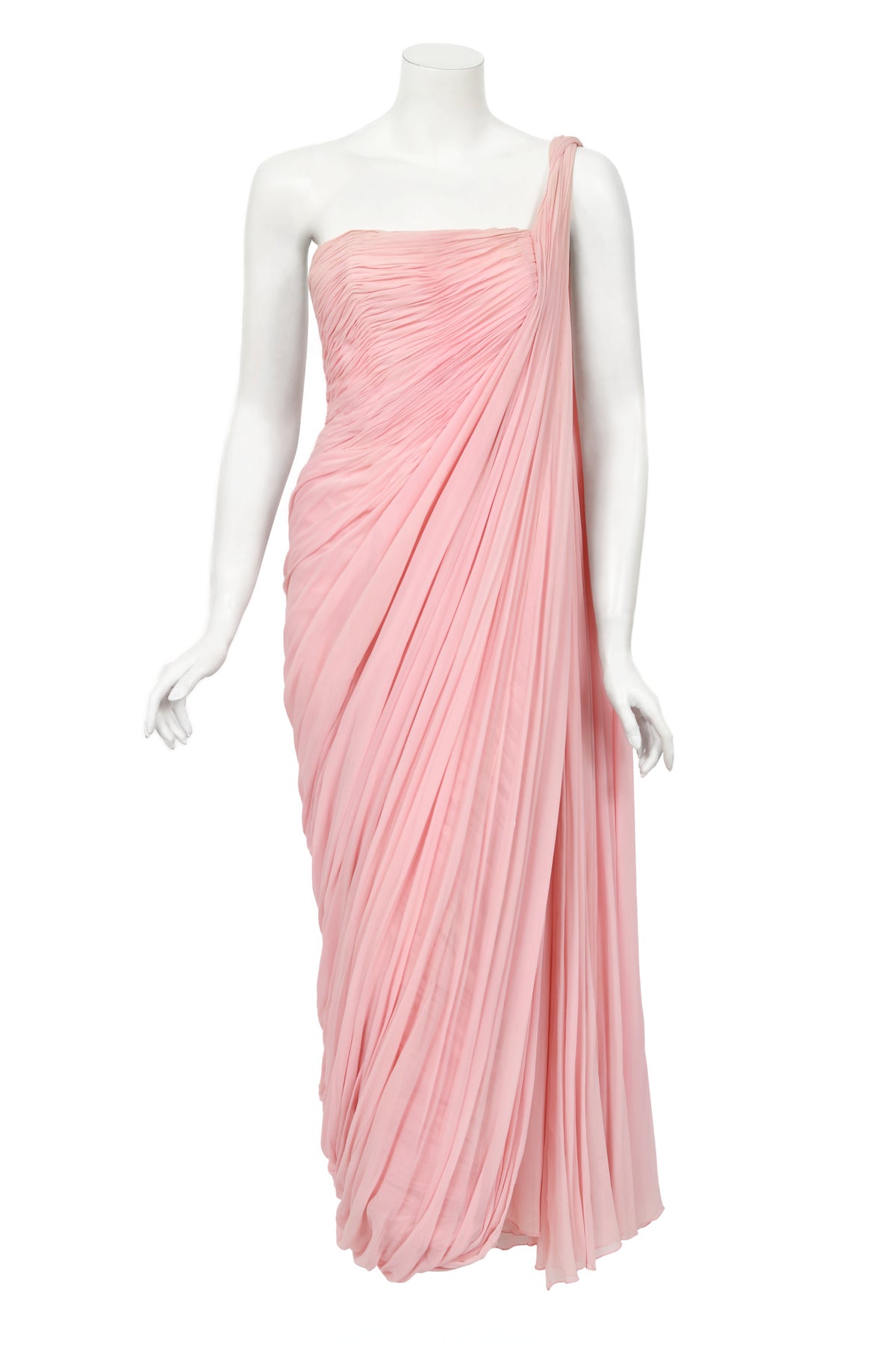 1958 Jean Dessès Haute Couture Attributed Pink Ruched Chiffon Goddess Gown