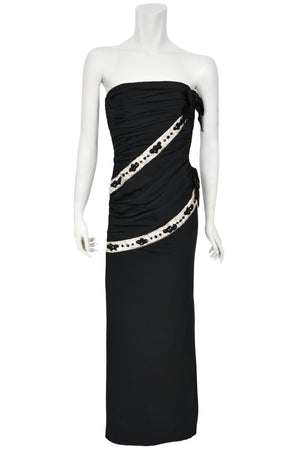 1984 Galanos Couture Crystal Beaded Black Silk Strapless Corset Hourglass Gown