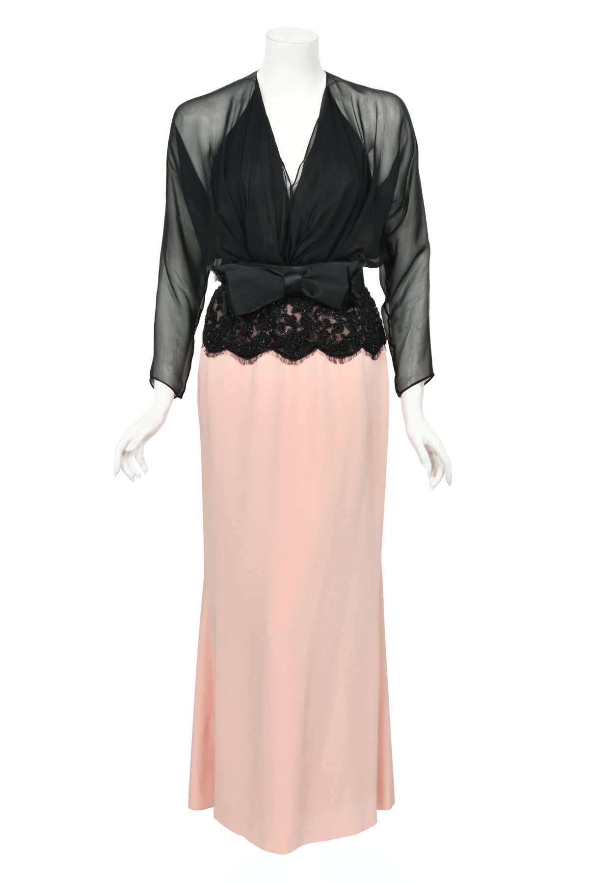 1986 Oscar de la Renta Documented Runway Black Sheer Chiffon &amp; Pink Silk Gown