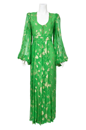 1974 Thea Porter Couture Metallic Green Sheer Silk Billow-Sleeve Maxi Dress