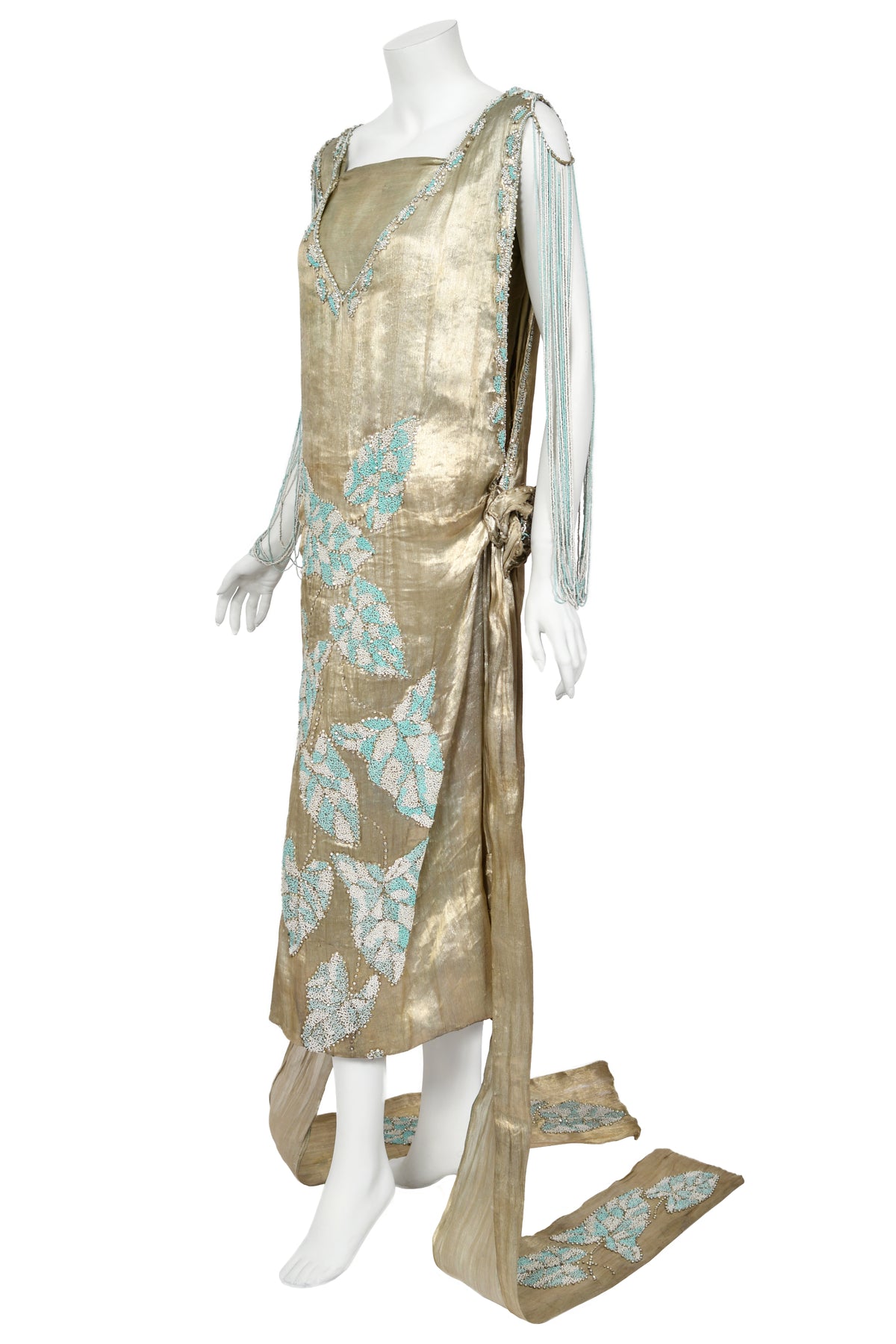 1920’s French Couture Metallic Gold Lamé Beaded Leaf-Motif Trained Evening Dress