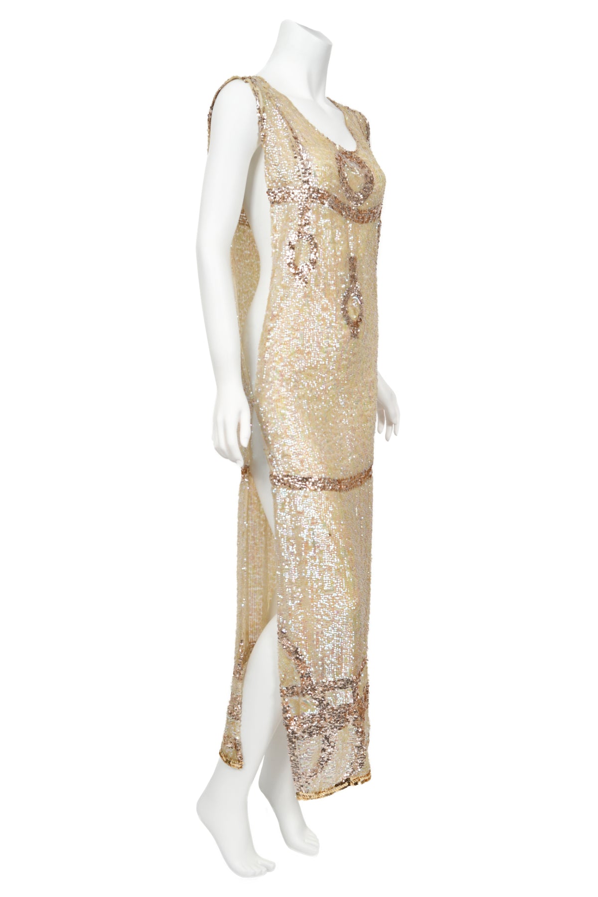 1920&#39;s Iridescent Ivory &amp; Gold Beaded Sequin Sheer-Net Tabard Flapper Dress