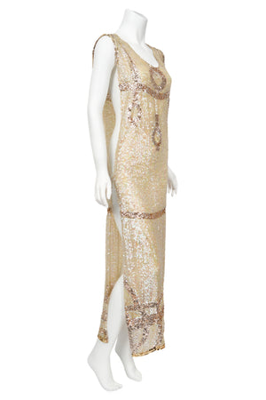 1920's Iridescent Ivory & Gold Beaded Sequin Sheer-Net Tabard Flapper Dress