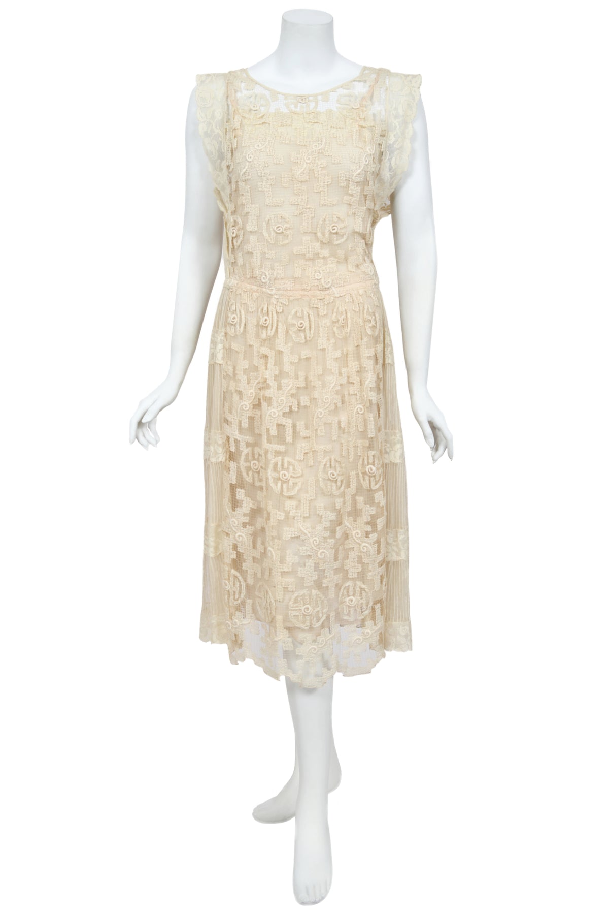1920's French Cream Heavily Embroidered Deco Motif Filet Lace & Sheer Net Tea-Length Dress
