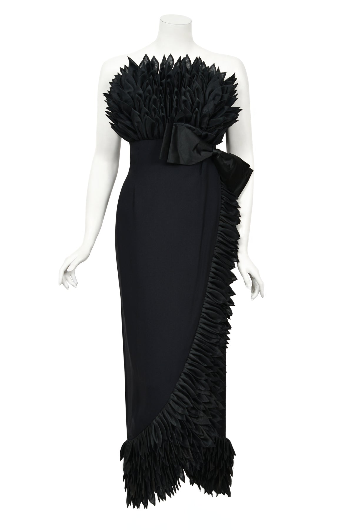 1959 Hall Ludlow Couture Museum-Held Black Silk Appliquéd Petals Hourglass Gown