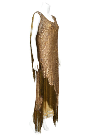 1920's Metallic Gold Lamé Lace Flapper Fringe Margot Robbie Film-Worn Dress