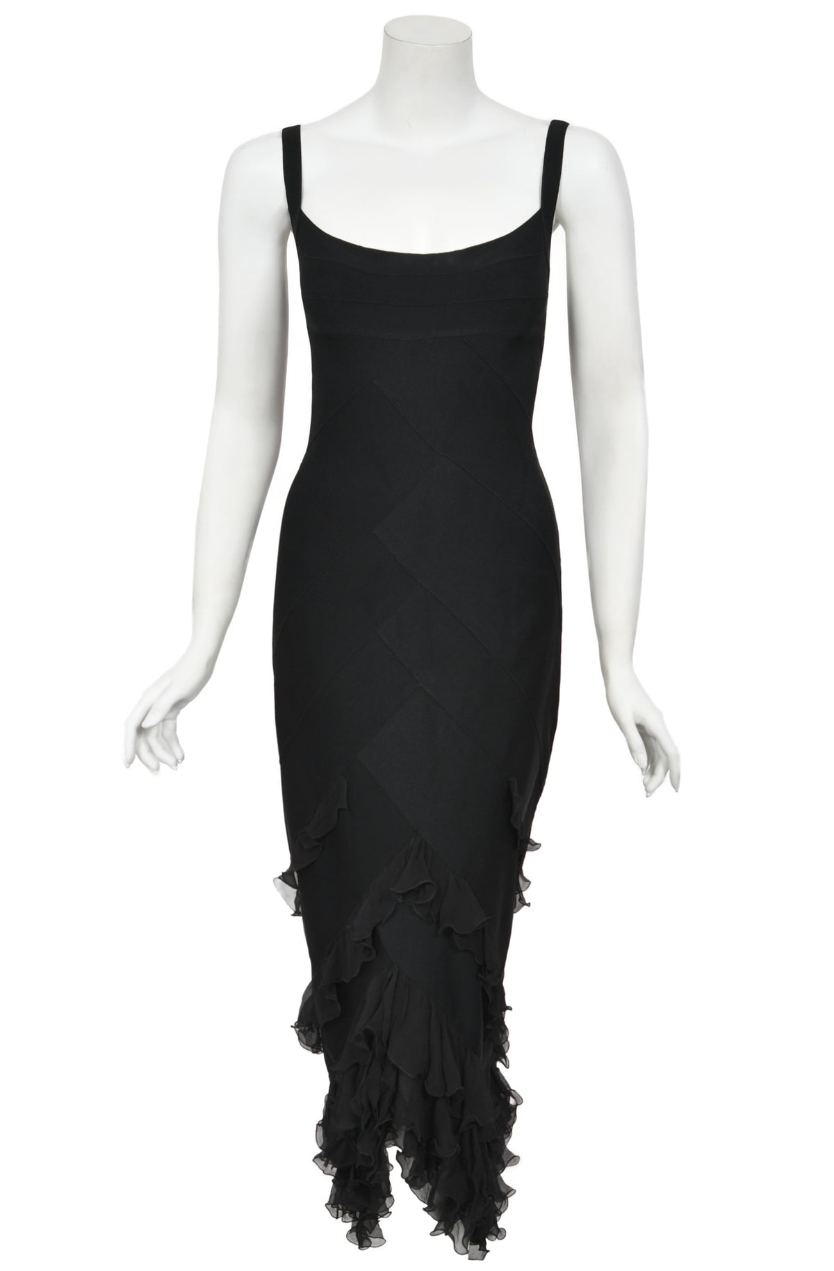 2004 Christian Dior by John Galliano Black Stretch Knit Ruffle-Hem Hourglass Dress
