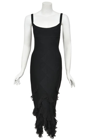 2004 Christian Dior by John Galliano Black Stretch Knit Ruffle-Hem Hourglass Dress
