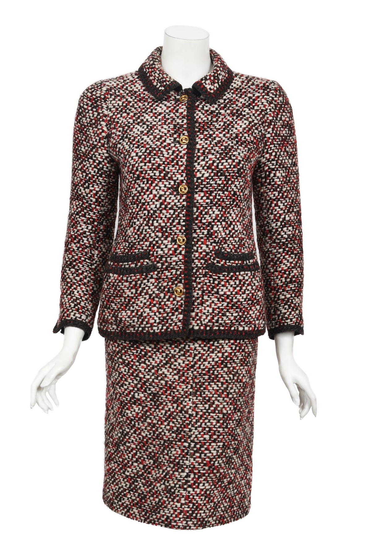 1973 Chanel Haute Couture Red Black Ivory Wool Tweed Jacket & Skirt Suit