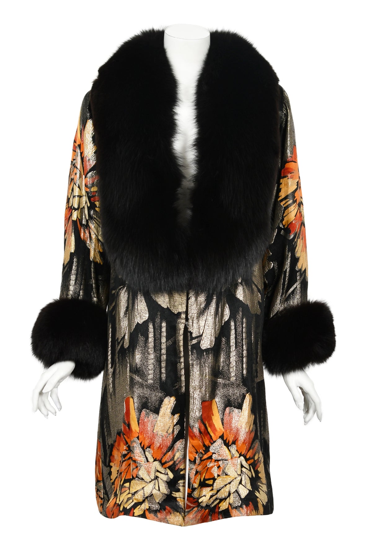 1920&#39;s Metallic Art-Deco Floral Lamé &amp; Fox Fur Dolman-Sleeve Flapper Coat