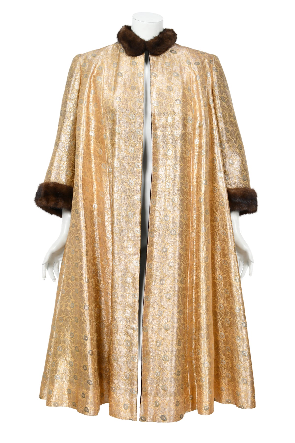 1949 Traina-Norell Couture Vogue Documented Metallic Gold Silk &amp; Mink Swing Coat