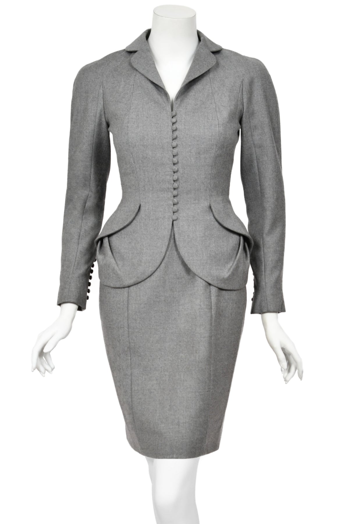 1998 John Galliano ‘Cabaret’ Collection Charcoal Gray Wool Dress & Peplum Jacket Suit