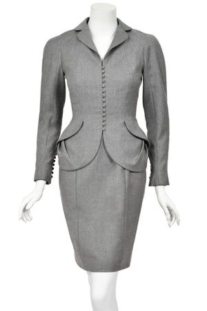 1998 John Galliano ‘Cabaret’ Collection Charcoal Gray Wool Dress & Peplum Jacket Suit