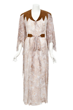 1971 Giorgio Sant' Angelo Watercolor Chiffon & Suede Angel-Sleeve Wrap Dress