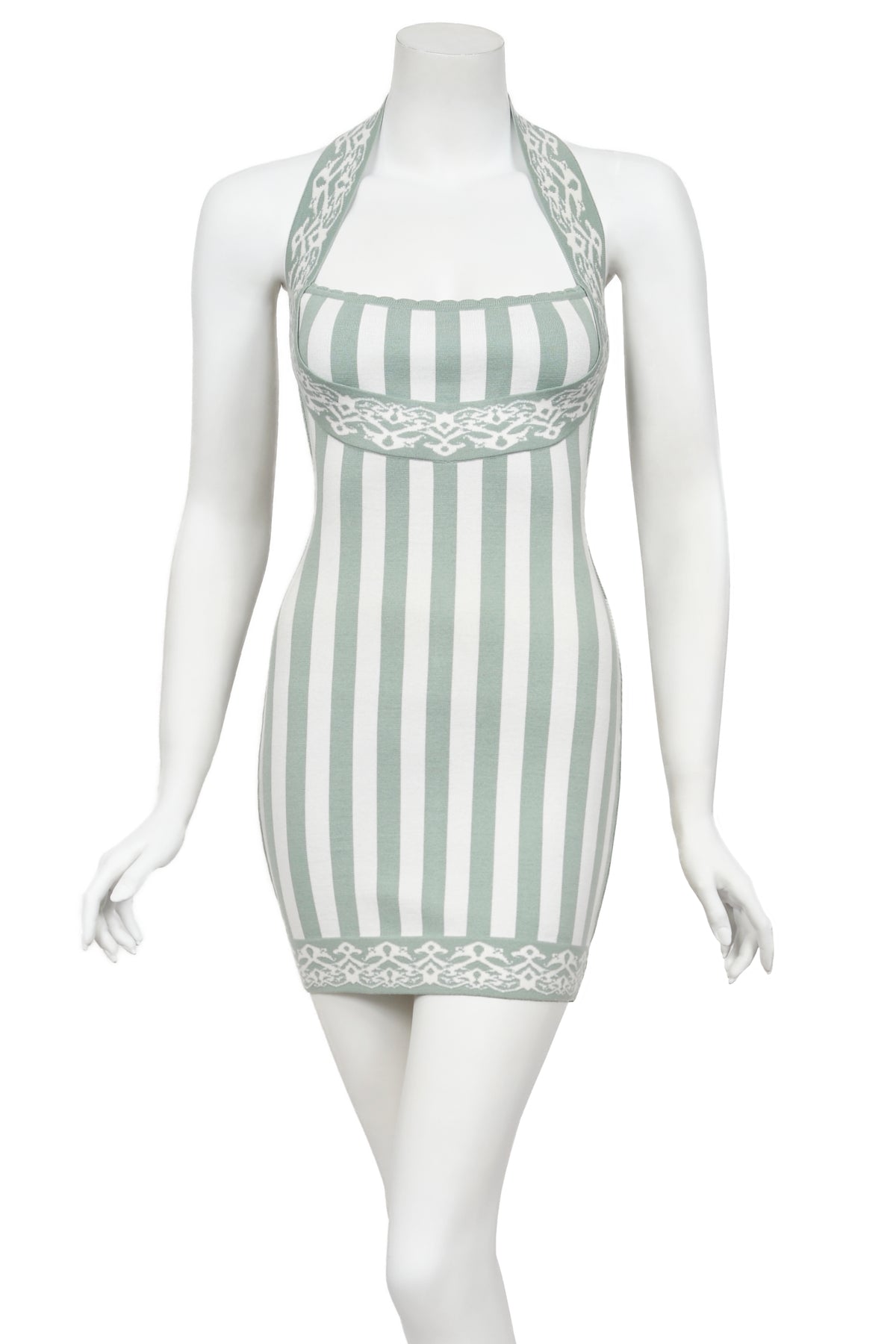 1992 Azzedine Alaia Runway Mint &amp; Ivory Striped Stretch Knit Halter Bodycon Mini Dress