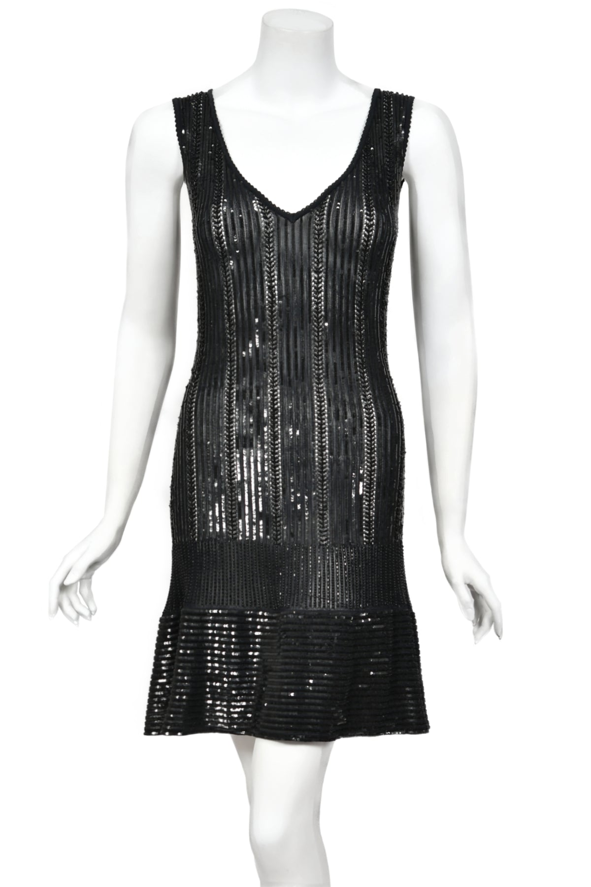 1996 Azzedine Alaia Beaded Sequin Black Semi-Sheer Stretch Knit Flounced Mini Dress