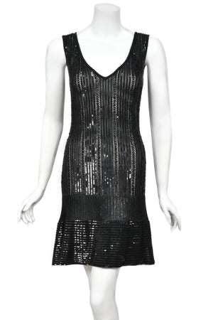 1996 Azzedine Alaia Beaded Sequin Black Semi-Sheer Stretch Knit Flounced Mini Dress