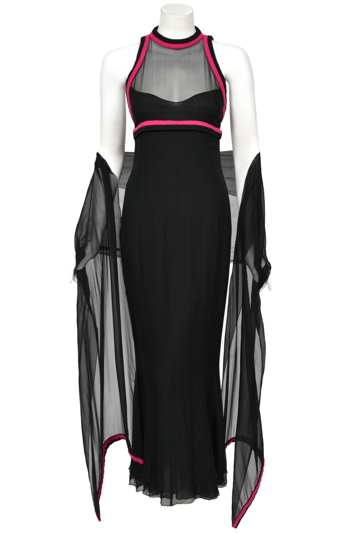1994 Chanel by Karl Lagerfeld Black Sheer Silk Chiffon Pink Cashmere Trimmed Maxi Dress w/ Shawl