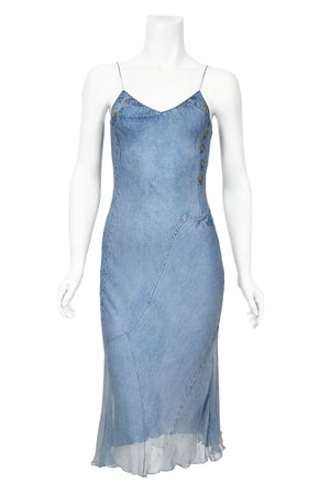 2000 Christian Dior by John Galliano Trompe L'oeil Denim Print Silk Bias-Cut Dress