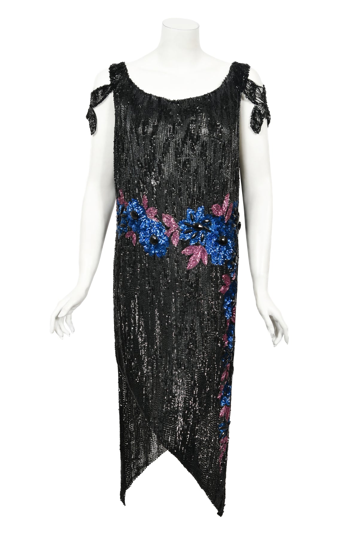 1920&#39;s Beaded Sequin Sheer-Net Butterfly Motif Asymmetric Flapper Dress
