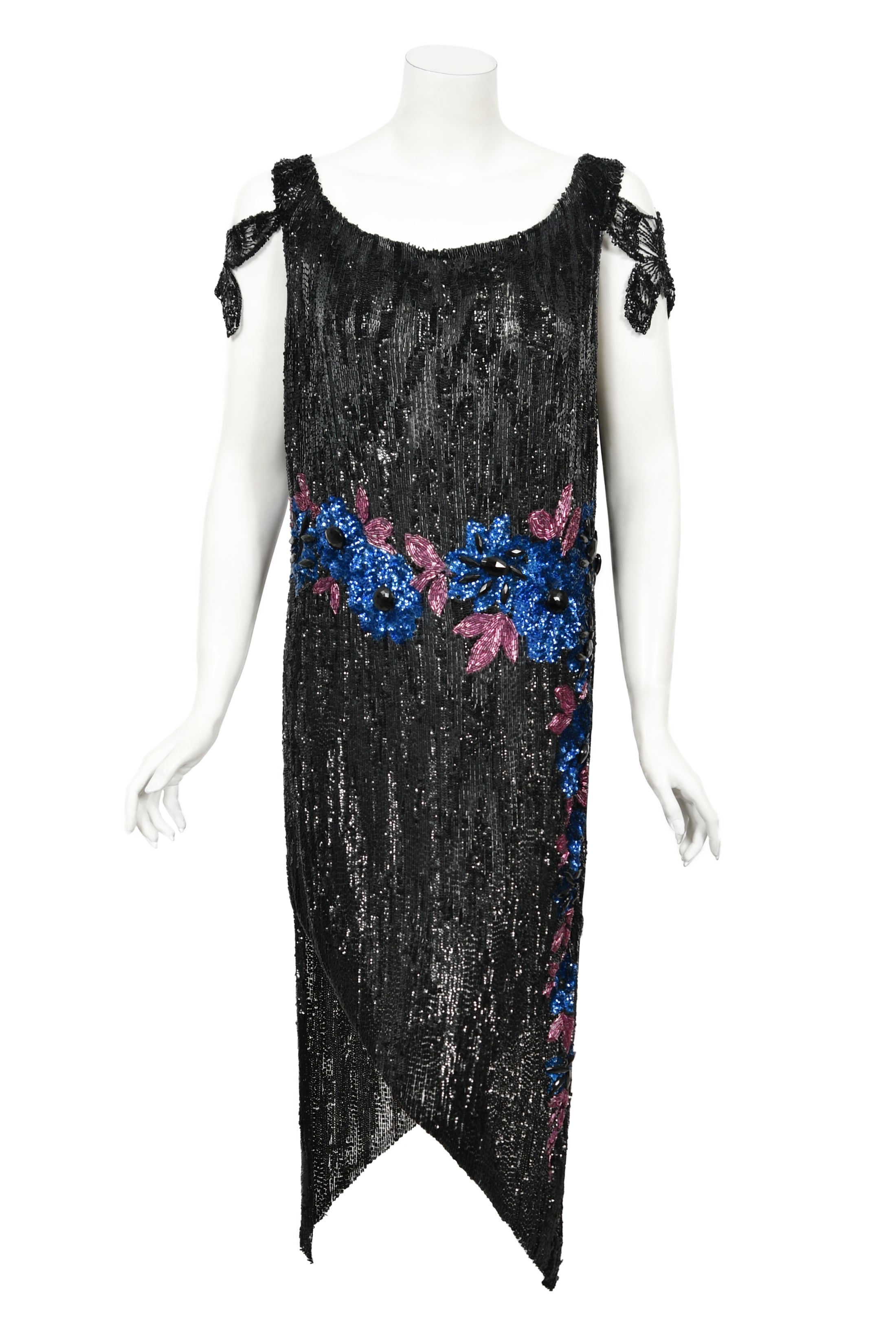 Vintage 1920's Beaded Sequin Sheer-Net Butterfly Motif Asymmetric Flapper Dress - Timeless Vixen Vintage 1920's Beaded Sequin Sheer-Net Butterfly Motif Asymmetric Flapper Dress - Timeless Vixen
