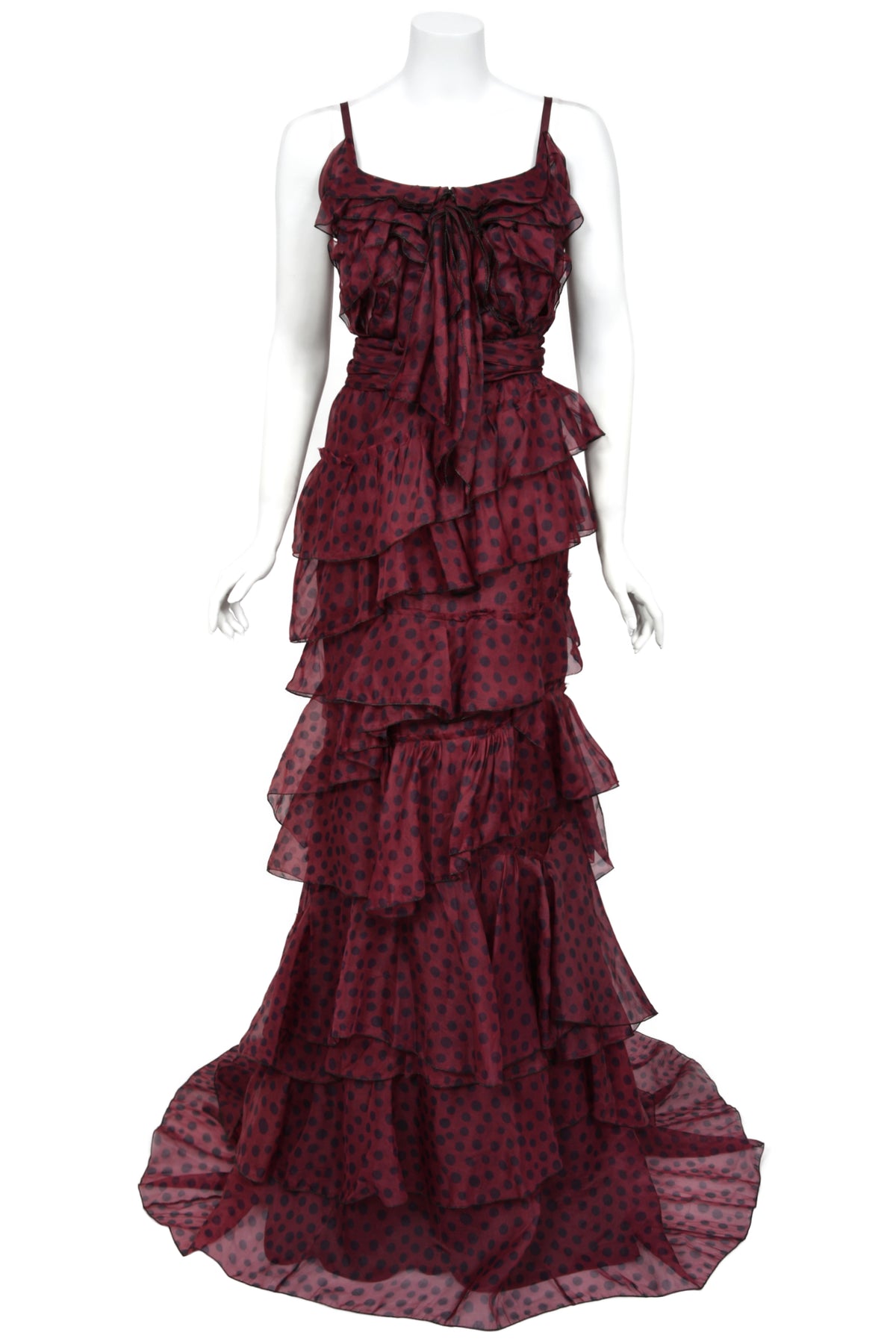 2011 Nina Ricci Editorial Burgundy & Black Polka-Dot Silk Tiered Ruffle Trained Gown w/ Tags