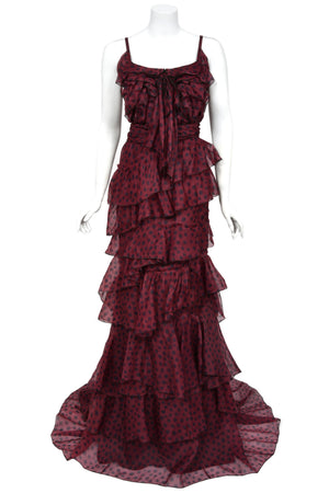 2011 Nina Ricci Editorial Burgundy & Black Polka-Dot Silk Tiered Ruffle Trained Gown w/ Tags