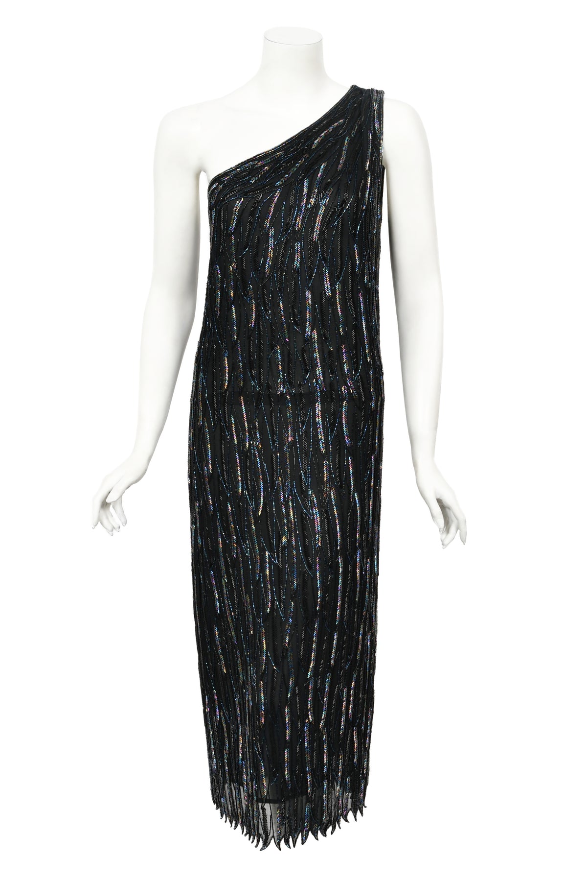 1970&#39;s Halston Couture Iridescent Beaded Black Silk One-Shoulder Dress