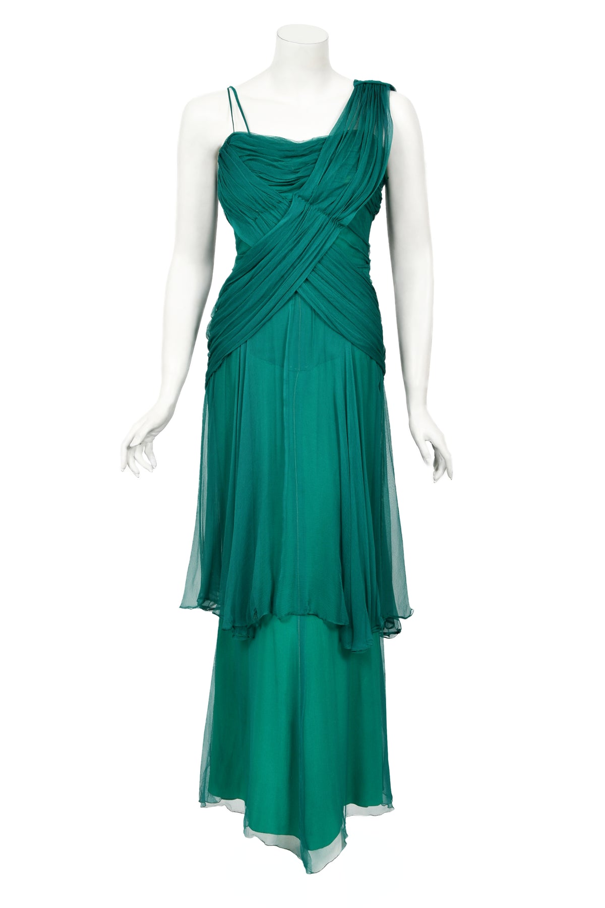 1958 Irene Lentz Couture Teal Green Draped Silk Grecian Goddess Gown