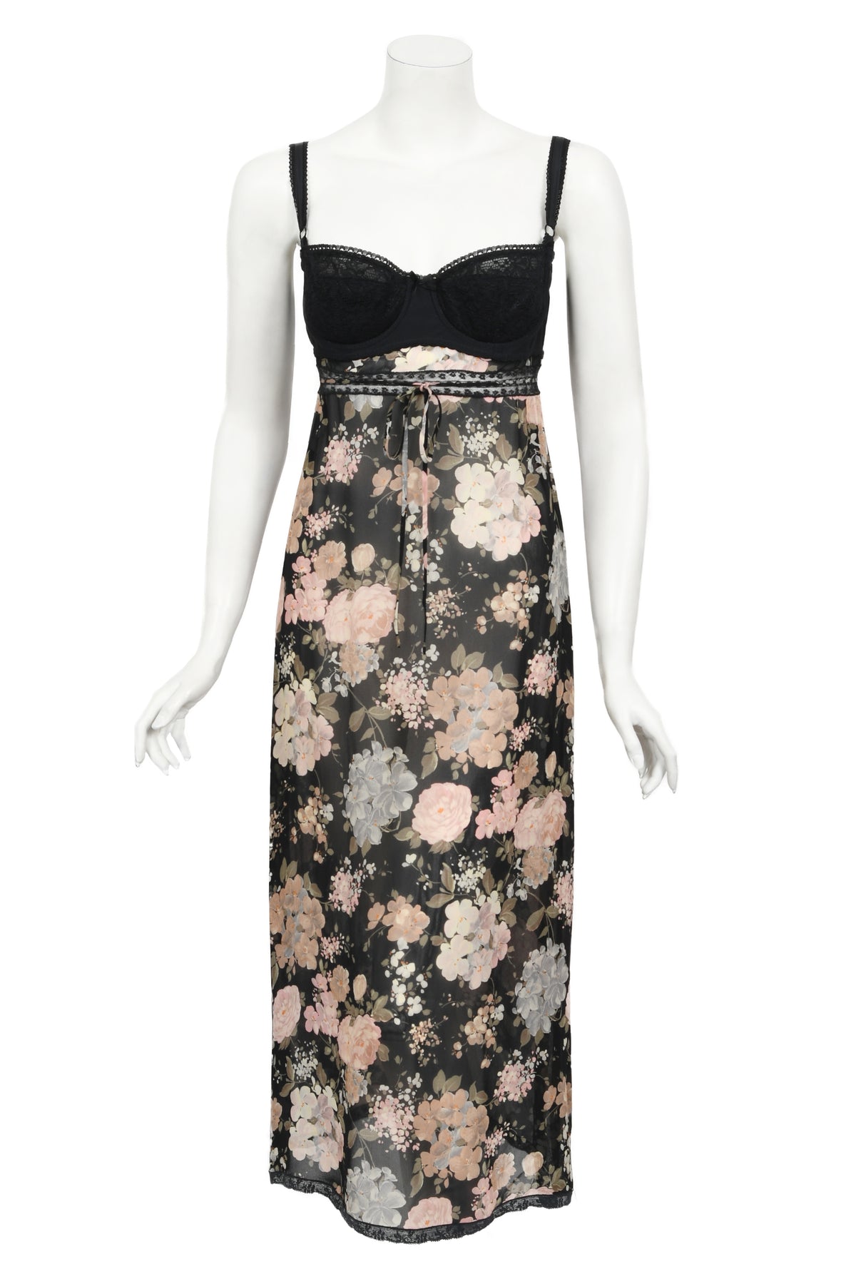 1997 Dolce &amp; Gabbana Sheer Floral Chiffon &amp; Lace Built-In Bra Slip Dress