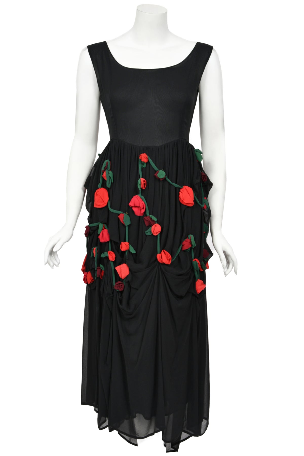 1990 Dolce &amp; Gabbana Black Silk Chiffon Red-Roses Floral Appliqué Dress