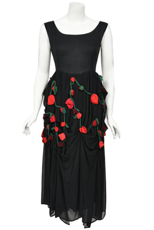 1990 Dolce & Gabbana Black Silk Chiffon Red-Roses Floral Appliqué Dress