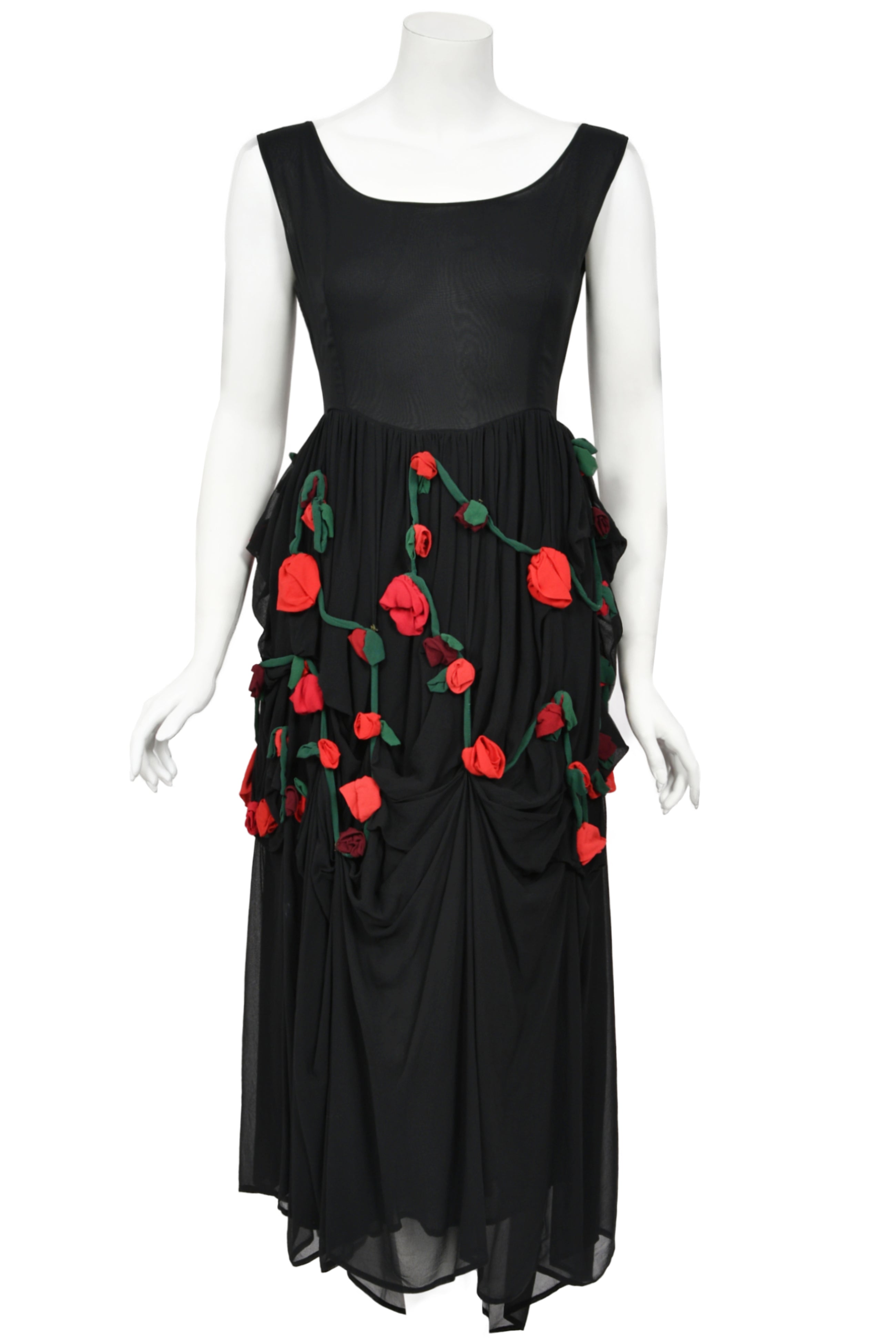 dolce and gabbana black dress with red roses 1990 Dolce & Gabbana Black Silk Chiffon Red-Roses Floral Appliqu Dress