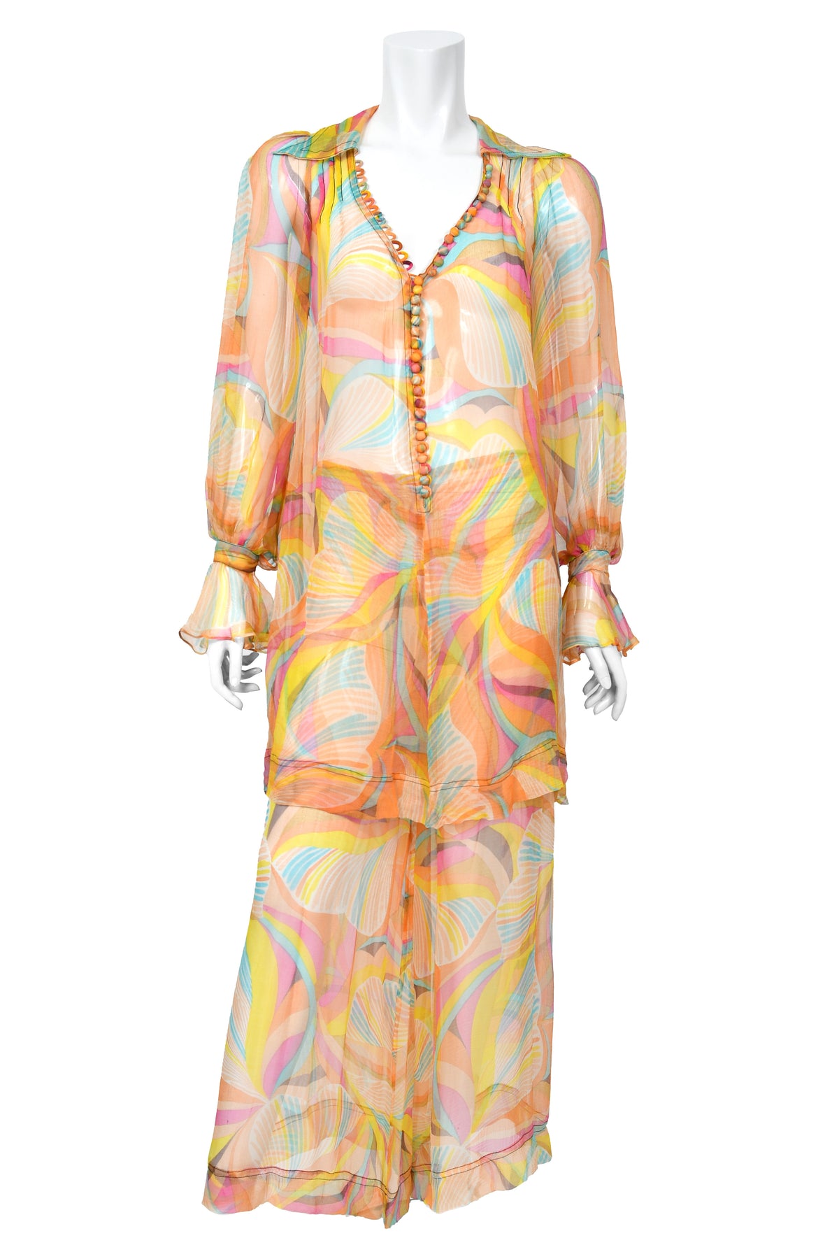 1967 Jean Muir Documented Psychedelic Op-Art Sheer Silk Tunic Mini Dress &amp; Pants