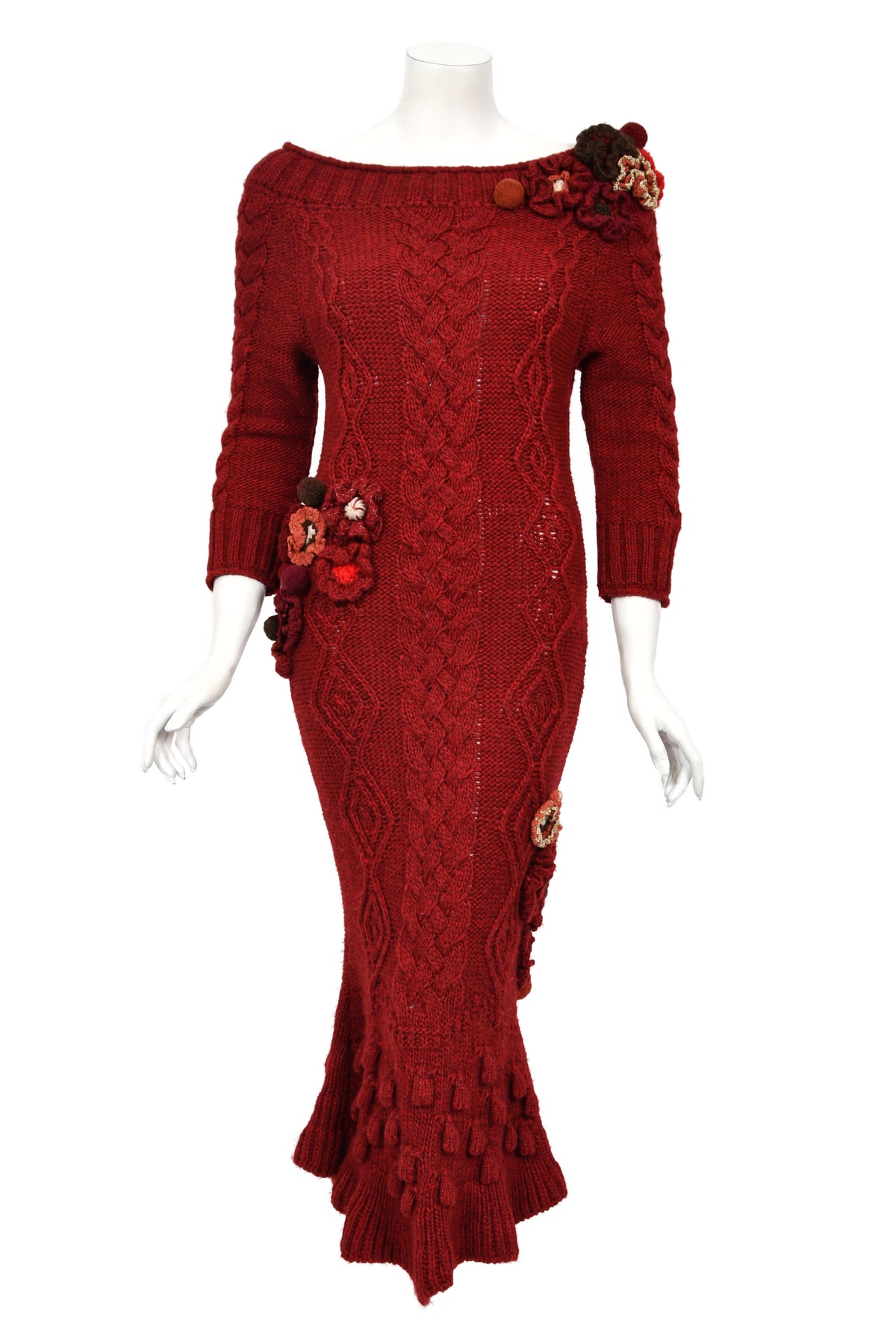 2005 Alexander McQueen Runway Burgundy Wool Knit Hourglass Sweater Dress