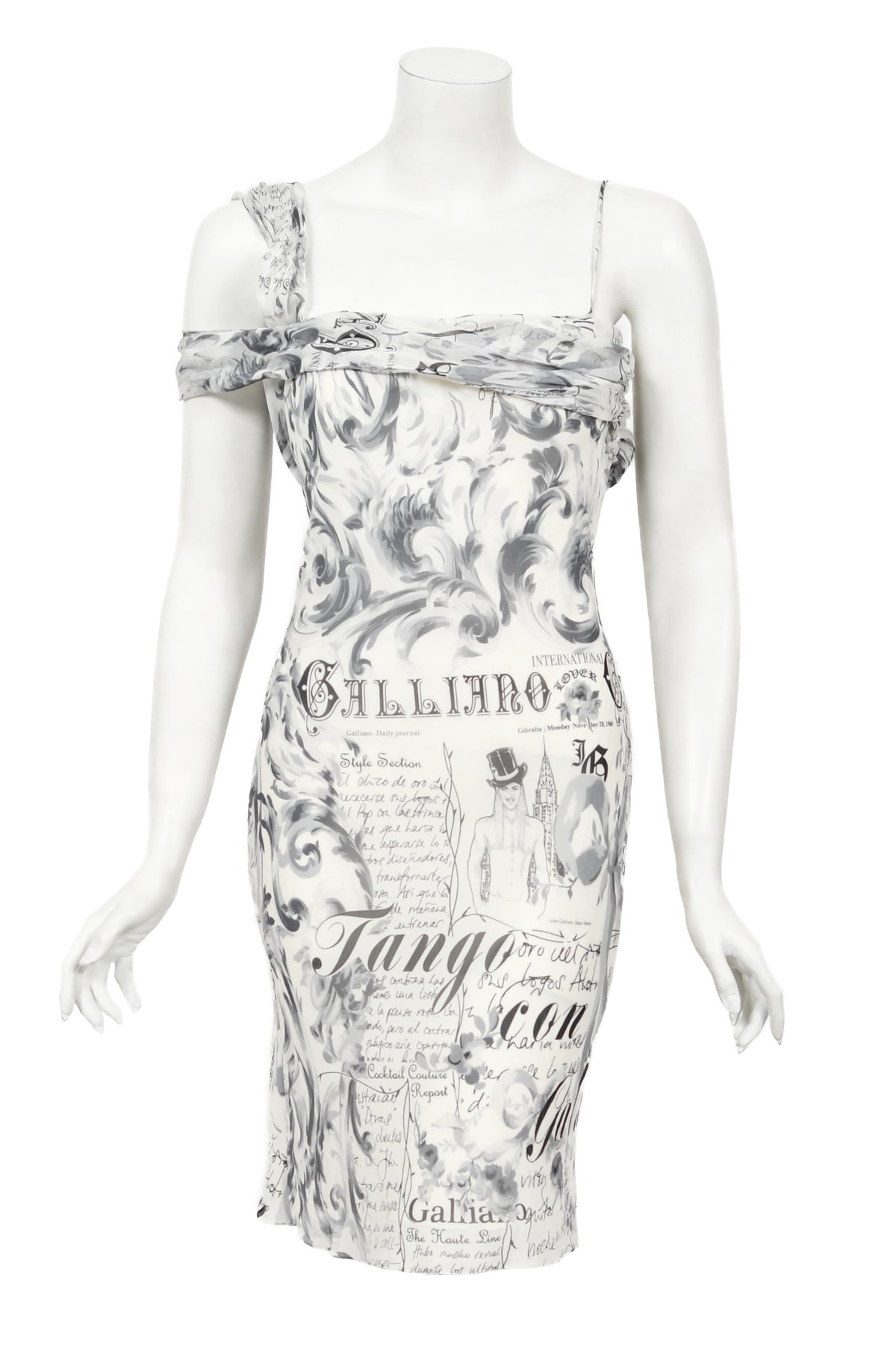 2006 John Galliano Documented Newspaper Print Silk Chiffon Bias-Cut Slip Dress