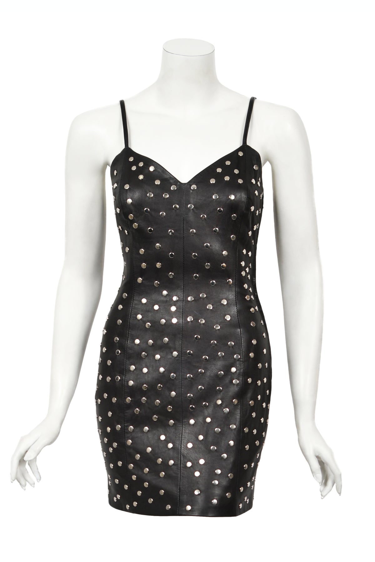 1991 Dolce & Gabbana Documented Runway Studded Black Leather Mini Dress