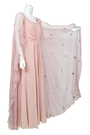 1974 Valentino Haute Couture Pale-Pink Beaded Crystal Silk Winged Cape Gown