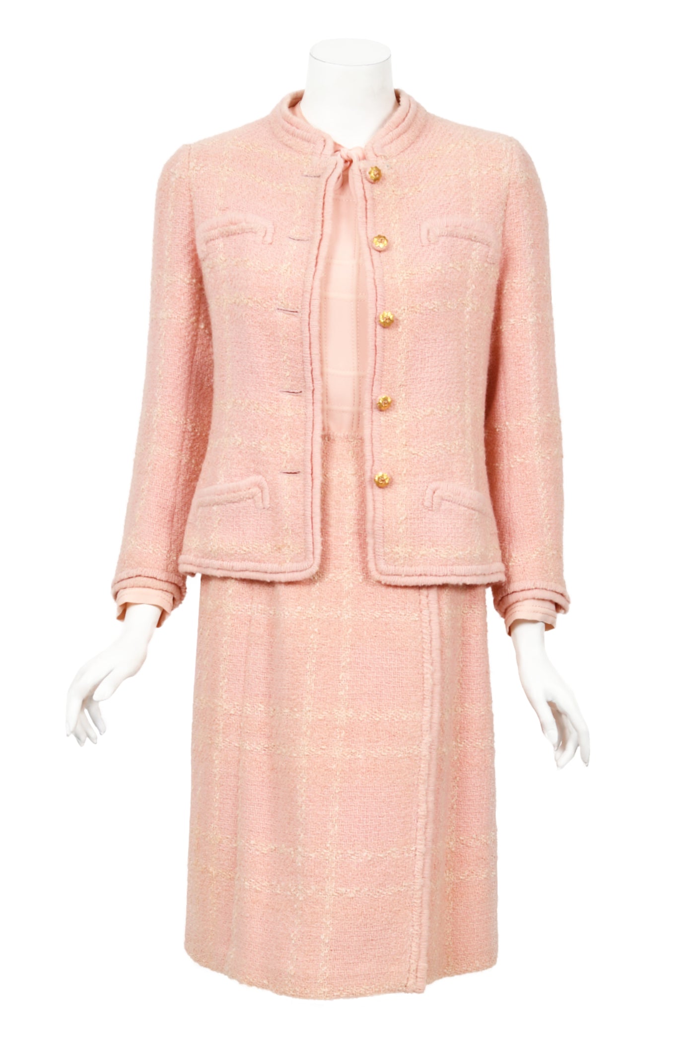 Vintage 1973 Chanel Haute Couture Documented Pink Wool Jacket Blouse Skirt Three-Piece Suit Vintage 1973 Chanel Haute Couture Documented Pink Wool Jacket Blouse Skirt Three-Piece Suit