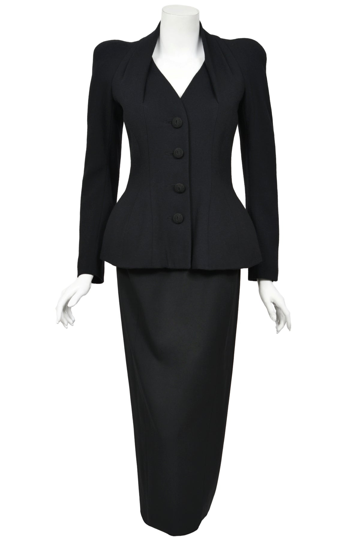 1995 John Galliano 'Dolores' Collection Runway Black Wool Jacket Hourglass Suit