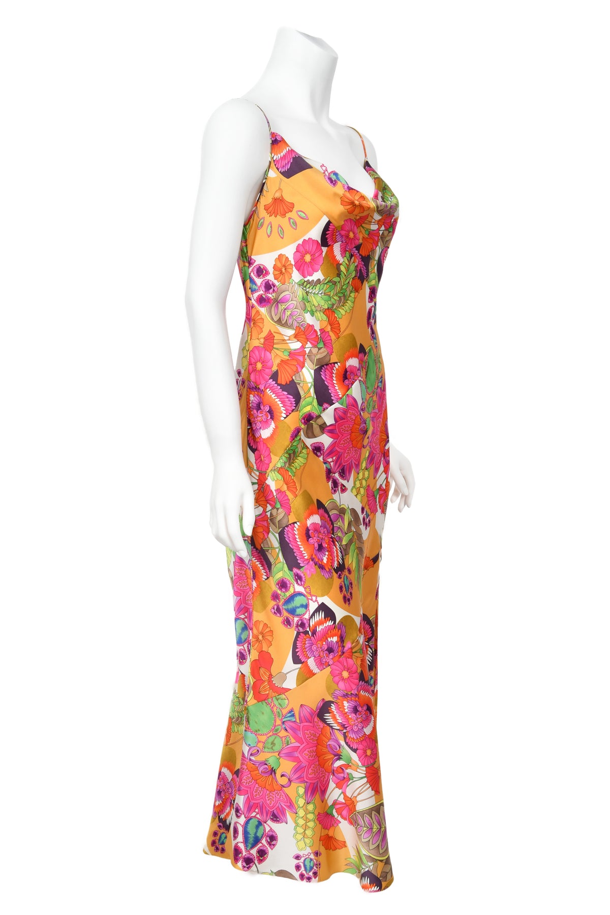 2005 Christian Dior by John Galliano Colorful Tie Dye Floral Silk Bias-Cut Dress