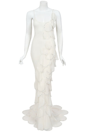 1990 Angelo Tarlazzi Paris Couture Ivory Silk Rhinestone Petals Bias-Cut Trained Gown