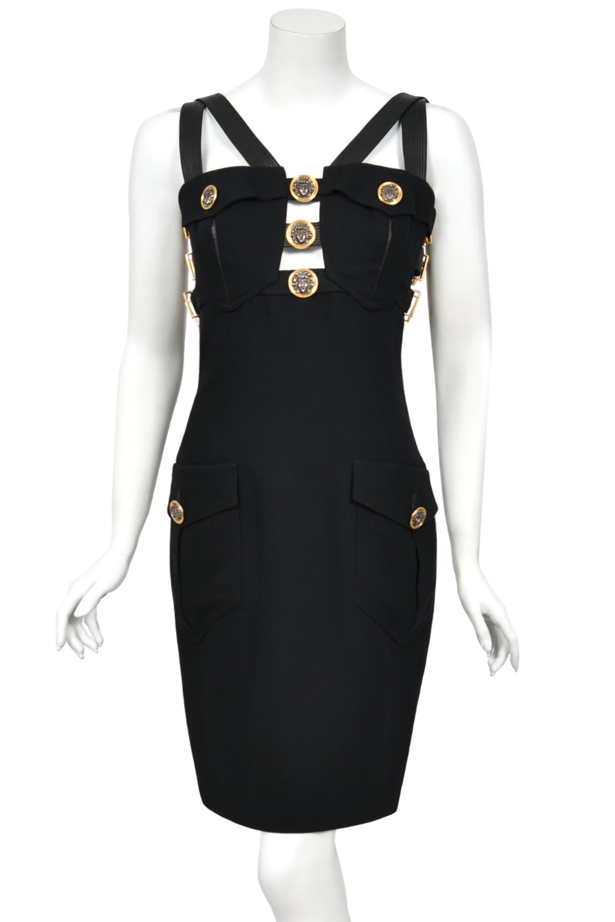1992 Gianni Versace 'Miss S&M' Runway Collection Black Leather Bondage Wool Dress