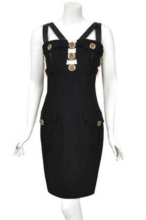 1992 Gianni Versace 'Miss S&M' Runway Collection Black Leather Bondage Wool Dress